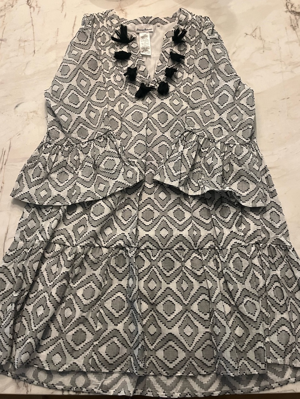 Tommy Bahama Black & White Tiered Dress with Black Tassels